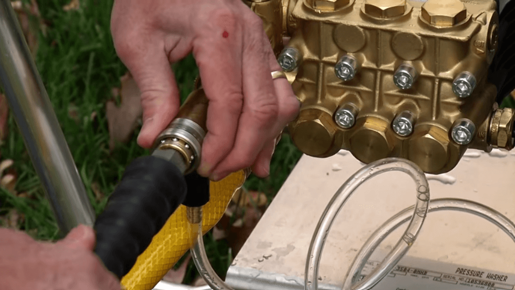 Connect the high-pressure hose to the water inlet on the pump.