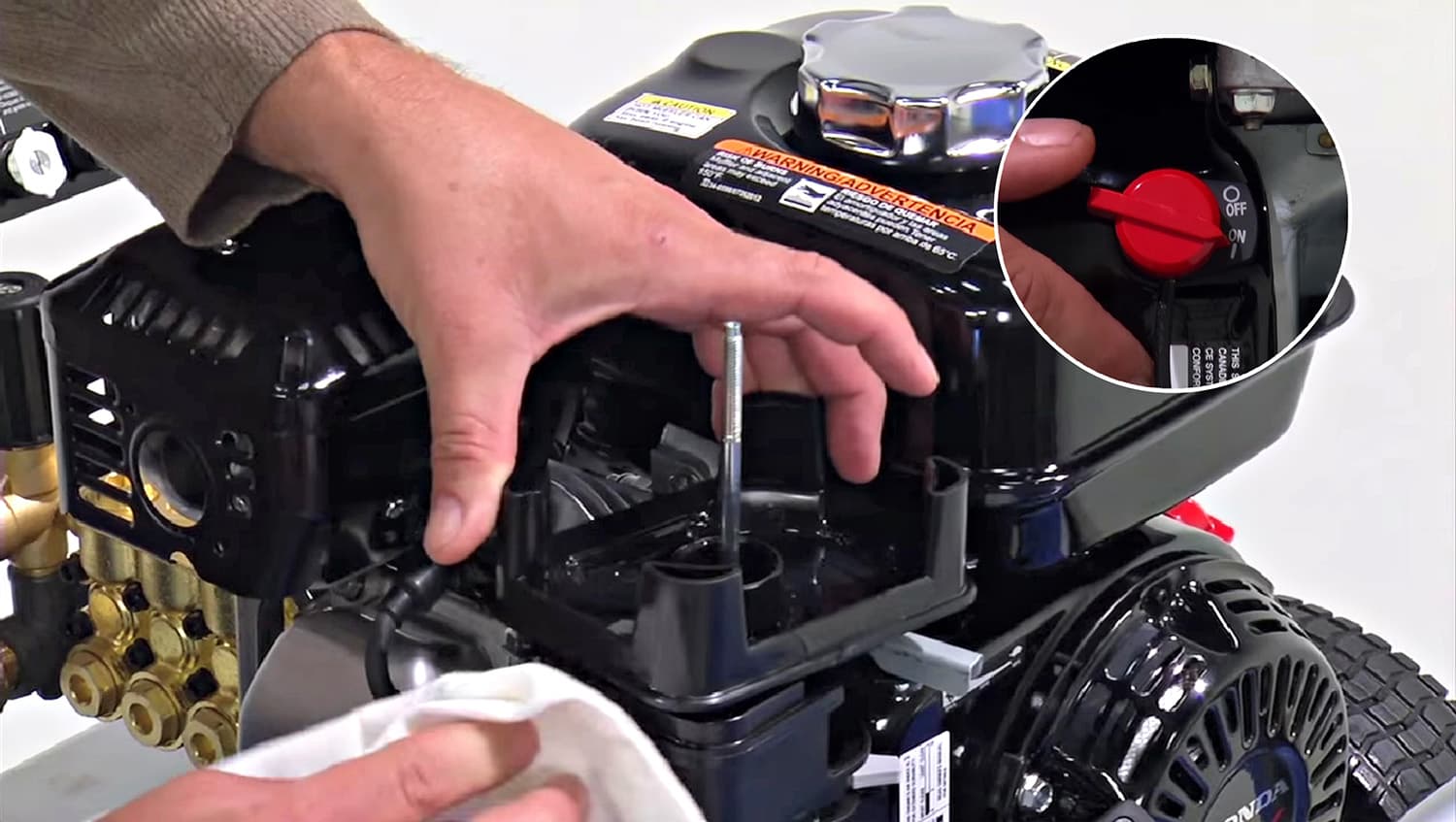 Turn the engine off. Clean the air filter base, reassemble the air filter, and place it back in position.