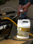 submerging hose into detergent